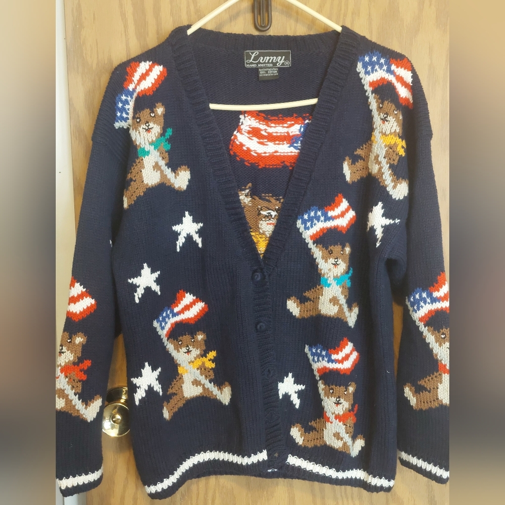 VTG 4th of July Bear Hand knitted Flag Cardigan sweater 250 yr anniversary USA